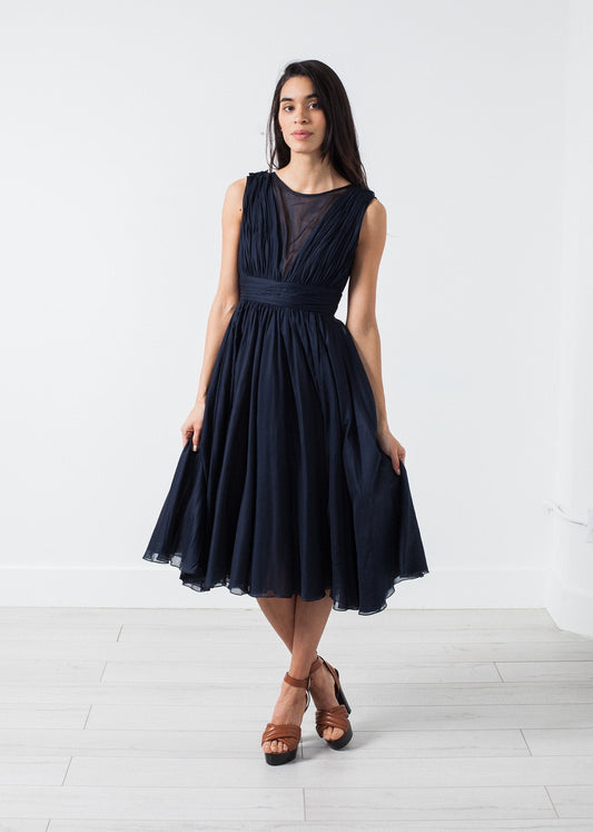 Abito in voile con scollo a V in blu marino